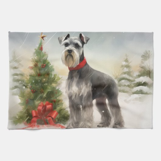 Schnauzer Dog in sneeuwkerst Theedoek (Horizontaal)