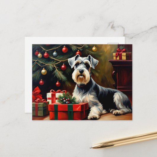 Schnauzer Dog Kerstmis Briefkaart (Voorkant / Achterkant in situ)