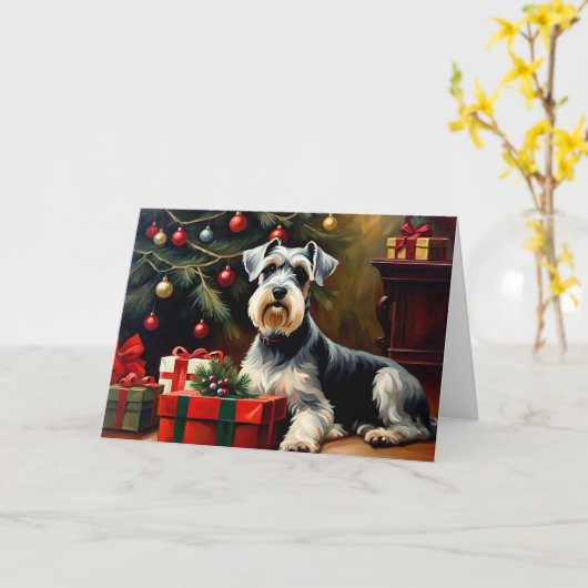 Schnauzer Dog Kerstmis Kaart (Gele Bloem)