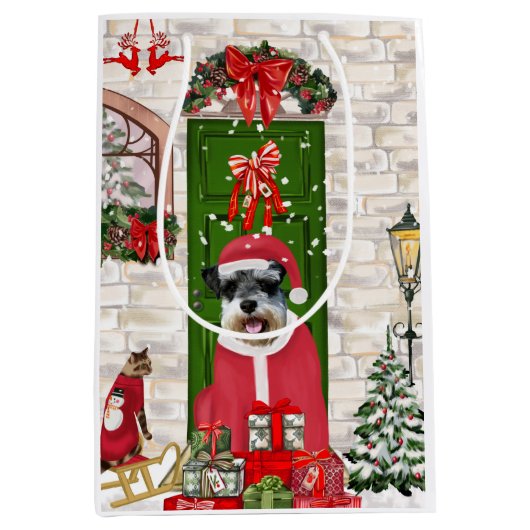 Schnauzer Dog Kerstmis Medium Cadeauzakje (Voorkant)