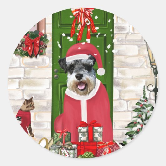 Schnauzer Dog Kerstmis Ronde Sticker (Voorkant)