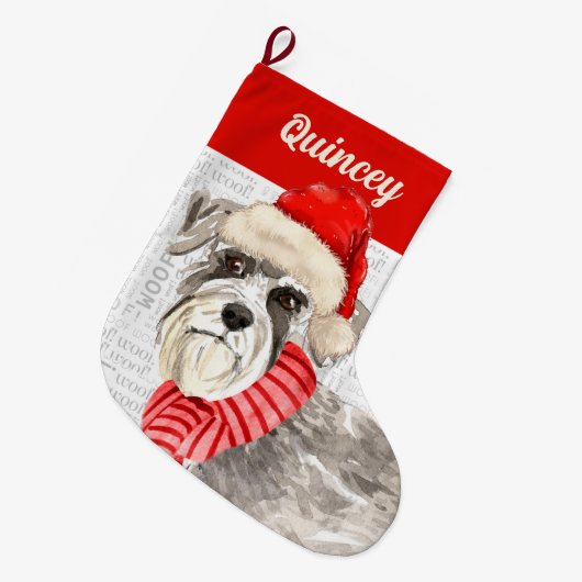 Schnauzer Dog met Naam Wof Achtergrond Grote Kerstsok (Voorkant (Hangend))