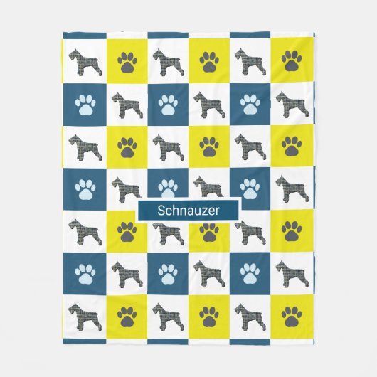 Schnauzer Dog & Paw Print Yellow Grid Silhouette Fleece Deken (Voorkant)