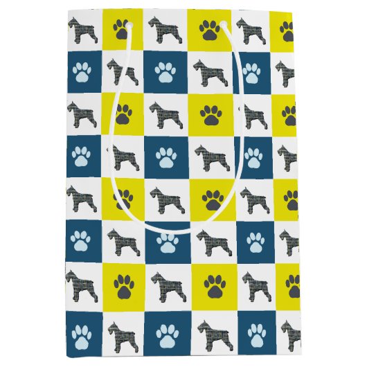 Schnauzer Dog & Paw Print Yellow Grid Silhouette Medium Cadeauzakje (Voorkant)