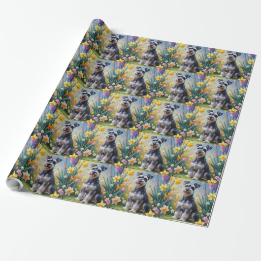 Schnauzer Dog Spring Bloemen Schilderen Cadeaupapier (Uitgerold)