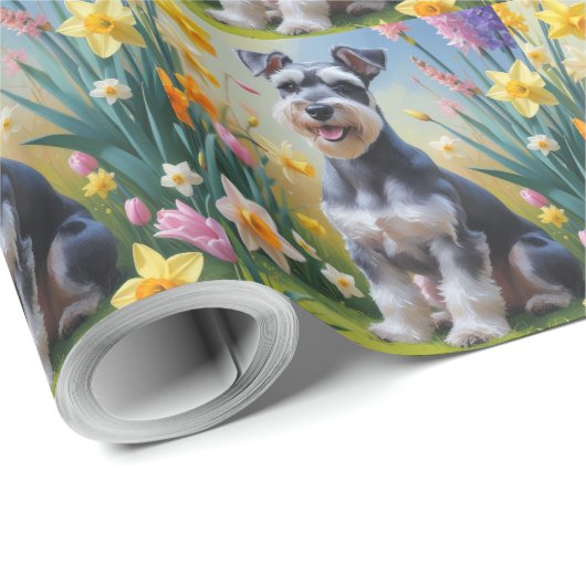 Schnauzer Dog Spring Bloemen Schilderen Cadeaupapier (Rol Hoek)