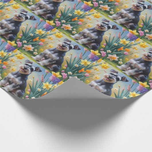 Schnauzer Dog Spring Bloemen Schilderen Cadeaupapier (Hoek)