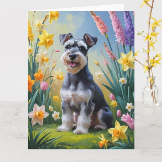 Schnauzer Dog Spring Bloemen Schilderen Kaart (Gele Bloem)