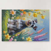 Schnauzer Dog Spring Bloemen Schilderen Legpuzzel (Horizontaal)