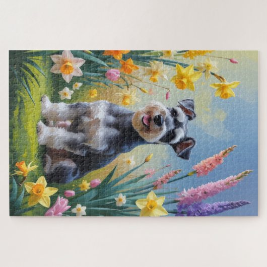 Schnauzer Dog Spring Bloemen Schilderen Legpuzzel (Horizontaal)
