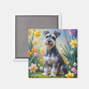 Schnauzer Dog Spring Bloemen Schilderen Magneet