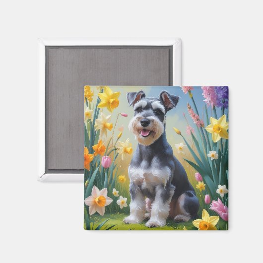 Schnauzer Dog Spring Bloemen Schilderen Magneet (Voorkant / Achterkant)