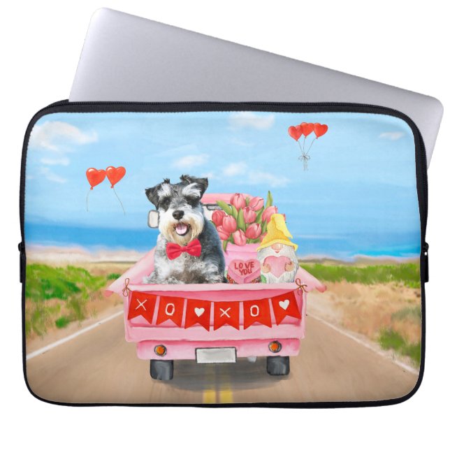 Schnauzer Dog Valentijnsdag Truck Hearts Laptop Sleeve (Voorkant)