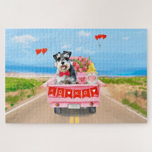 Schnauzer Dog Valentijnsdag Truck Hearts Legpuzzel (Horizontaal)