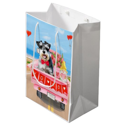 Schnauzer Dog Valentijnsdag Truck Hearts Medium Cadeauzakje (Voorkant Gekanteld)