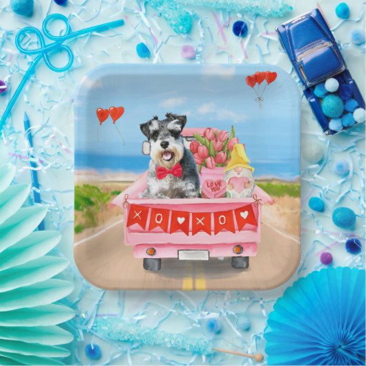 Schnauzer Dog Valentijnsdag Truck Hearts Papieren Bordje (Feest)