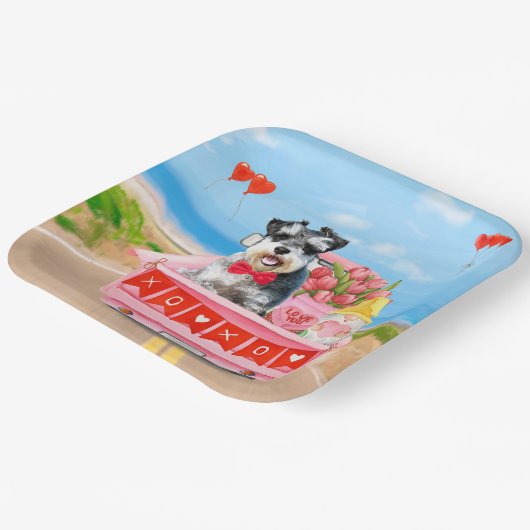 Schnauzer Dog Valentijnsdag Truck Hearts Papieren Bordje (Gebogen)