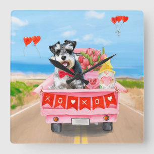 Schnauzer Dog Valentijnsdag Truck Hearts Vierkante Klok