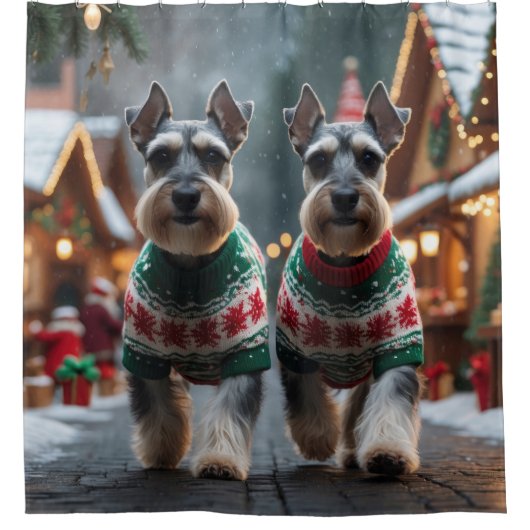 Schnauzer Dogs Christmas Snow Holiday Douchegordijn (Voorkant)