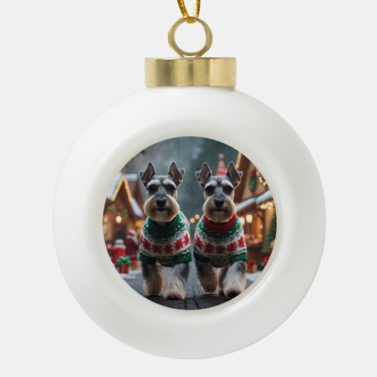 Schnauzer Dogs Christmas Snow Holiday  Keramische Bal Ornament (Voorkant)