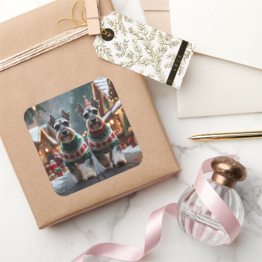 Schnauzer Dogs Christmas Snow Holiday  Vierkante Sticker (Geschenken)