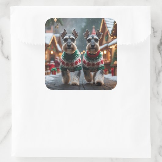 Schnauzer Dogs Christmas Snow Holiday Vierkante Sticker (Tas)