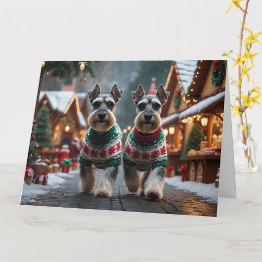 Schnauzer Dogs Kerstmis Sneeuw Vakantie Kaart (Gele Bloem)