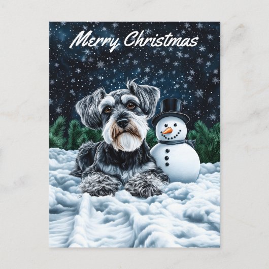 Schnauzer en Sneeuwman Kerstmis Feestdagenkaart (Voorkant)