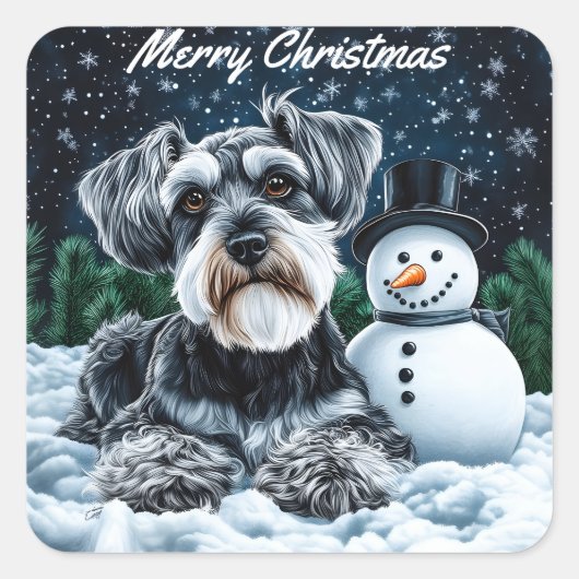 Schnauzer en Sneeuwman Kerstmis Vierkante Sticker (Voorkant)