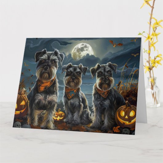Schnauzer Halloween Spooky Kaart (Gele Bloem)