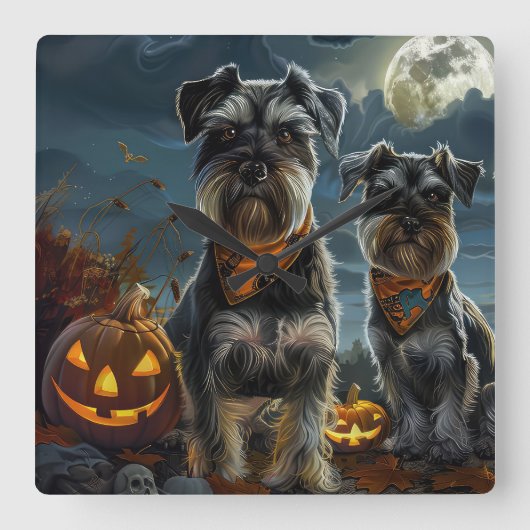 Schnauzer Halloween Spooky Vierkante Klok (Voorkant)
