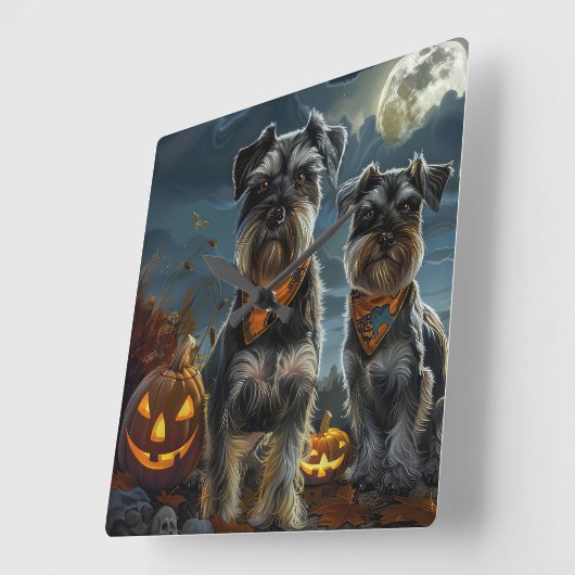 Schnauzer Halloween Spooky Vierkante Klok (Hoek)