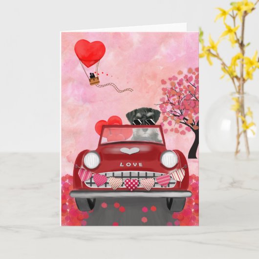 Schnauzer-hond auto met harten Valentijnsdag  Kaart (Gele Bloem)