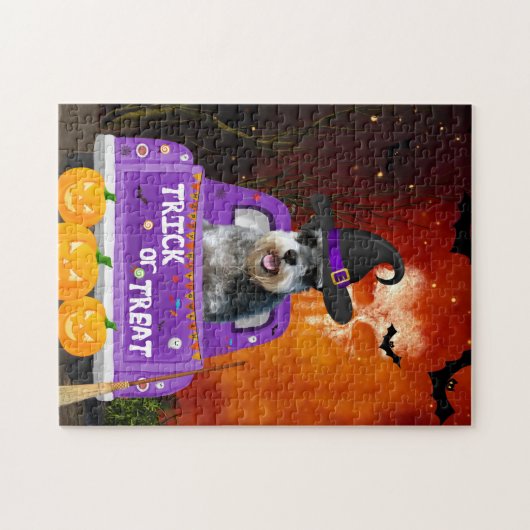 Schnauzer Hond in Halloween Truck Legpuzzel (Horizontaal)