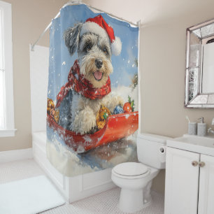 Schnauzer-hond in slee laat het sneeuwen Kerstmis Douchegordijn