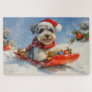 Schnauzer-hond in slee Laat het sneeuwen Kerstmis Legpuzzel