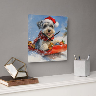 Schnauzer-hond in slee Laat het sneeuwen Kerstmis Vierkante Klok