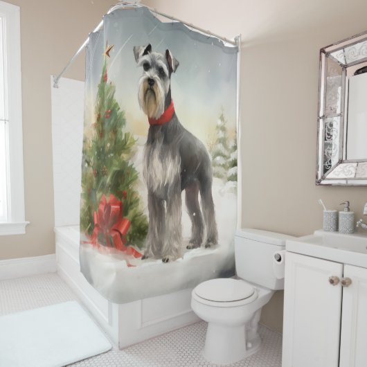 Schnauzer-hond in sneeuw Kerstmis Douchegordijn (In situ)