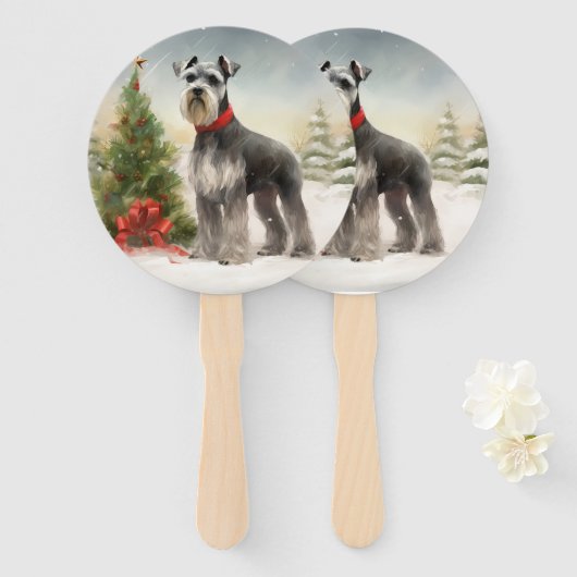 Schnauzer-hond in sneeuw Kerstmis Handwaaier (Voorkant en achterkant)