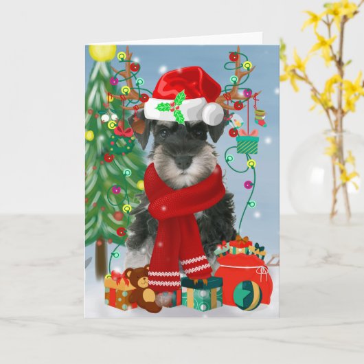 Schnauzer-hond in sneeuw Kerstmis  Kaart (Gele Bloem)