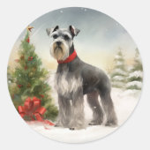 Schnauzer-hond in sneeuw Kerstmis Ronde Sticker (Voorkant)