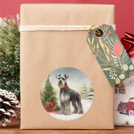Schnauzer-hond in sneeuw Kerstmis Ronde Sticker (Feestdagen)