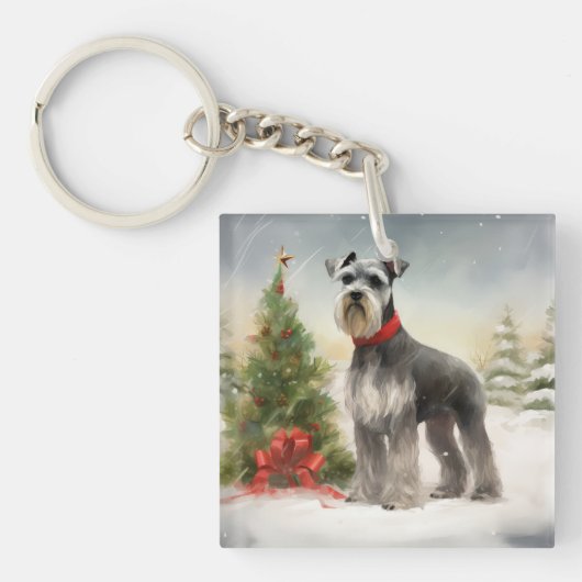 Schnauzer-hond in sneeuw Kerstmis Sleutelhanger (Voorkant)