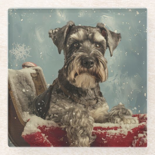 Schnauzer Hond Kerst Feestelijk Glazen Onderzetter (Voorkant)