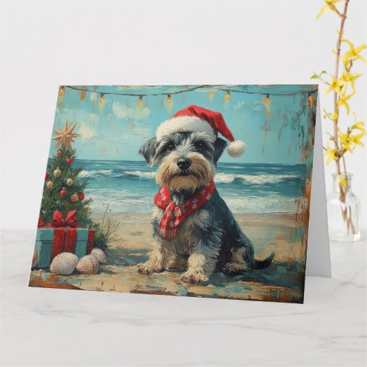Schnauzer Hond Kerstmis Vintage Strand Kaart (Gele Bloem)