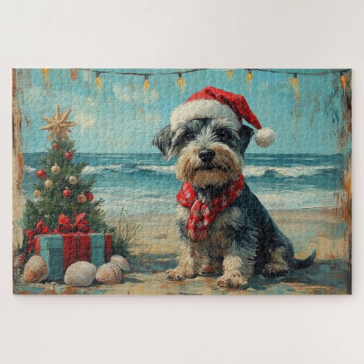 Schnauzer Hond Kerstmis Vintage Strand Legpuzzel (Horizontaal)