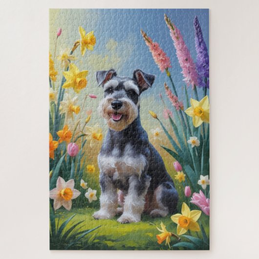 Schnauzer Hond Lente Bloemen Schilderij Legpuzzel (Verticaal)