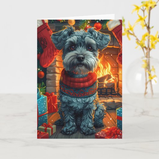 Schnauzer hond met kerstcadeaus open haard kaart (Gele Bloem)