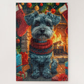 Schnauzer hond met kerstcadeaus open haard legpuzzel (Verticaal)