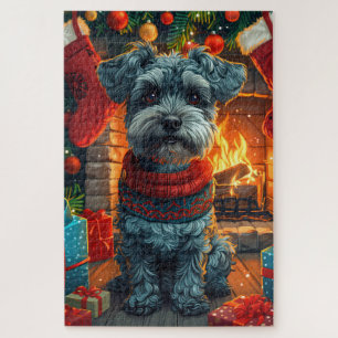 Schnauzer hond met kerstcadeaus open haard legpuzzel